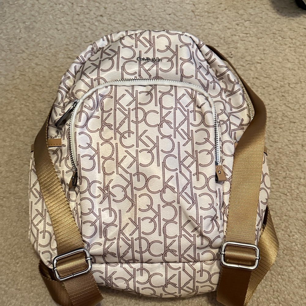 Calvin Klein Beige Monogram Backpack with Tan Straps